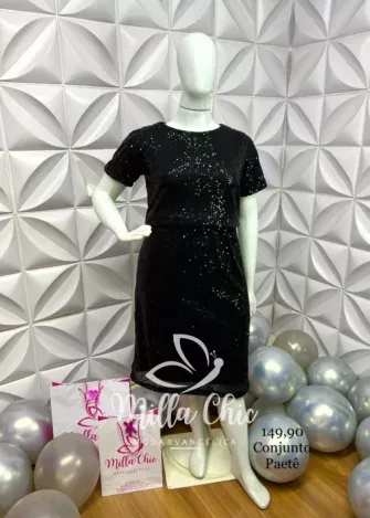Conjunto De Paetê Blusa Com Forro Avulso e Saia Mídi Evase Thais - Preto - Milla Chic