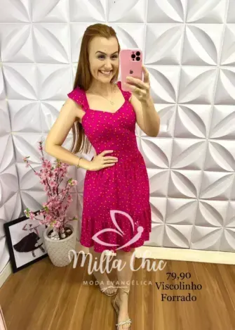 Vestido no Viscolinho Manga Babadinho Faby - Rosa - Milla Chic