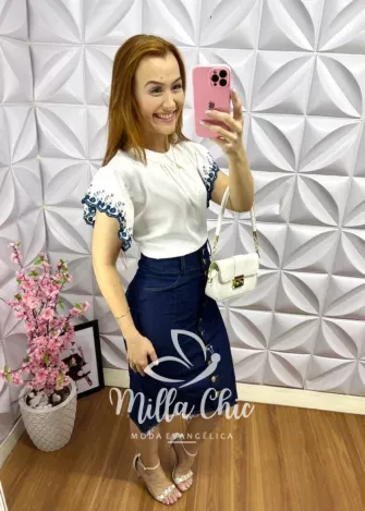 Blusa Alfaiataria com Bordado na Manga Hadassa - Branco - Milla Chic