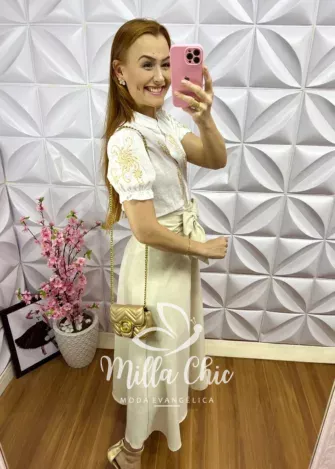 Blusa Linho Bordada Estefany - Branca - Milla Chic