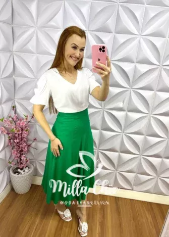 Blusa Linho com Manga Bufante Luane - Branca - Milla Chic