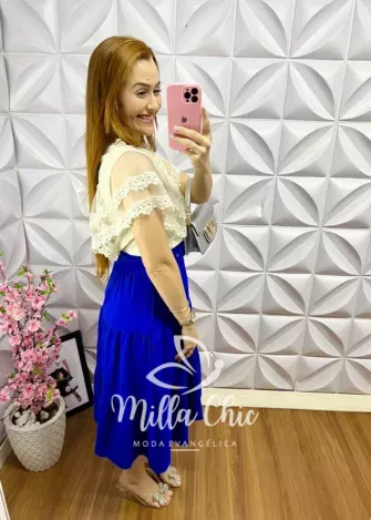 Blusa Manga Babado de Tule com Guipper Sofia - Areia - Milla Chic
