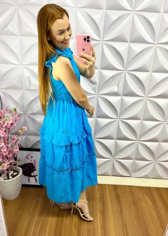 Chemise Lase de Algodão Mídi Suellen - Azul - Milla Chic