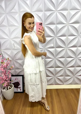 Chemise Lase de Algodão Mídi Suellen - Branco - Milla Chic