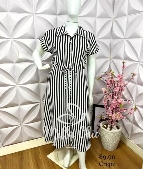 Chemise Listrado Mídi Julia - Preto - Milla Chic