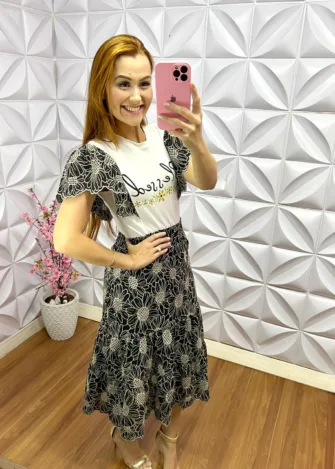 Conjunto Saia Lasie de Algodão e Tshirt Carina - Preto - Milla Chic