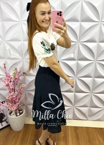 Conjunto Saia Lasie Malha e Tshirt Carol - Preto - Milla Chic