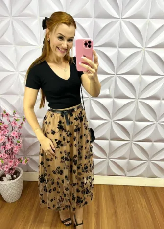 Saia Tule com Flores Bordadas Isabella - Marrom - Milla Chic