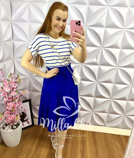 Saia Viscolinho com Lastex Moana - Azul - Milla Chic
