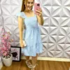 Vestido Alfaiataria Manga Babadinho Listrado Thalita - Azul - Milla Chic