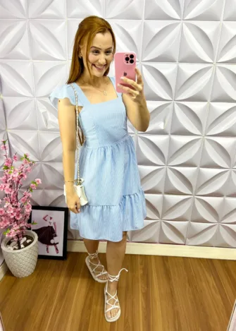 Vestido Alfaiataria Manga Babadinho Listrado Thalita - Azul - Milla Chic