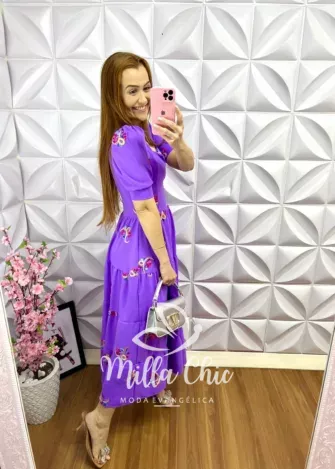 Vestido Bordado Longuete Sandra - Roxo - Milla Chic