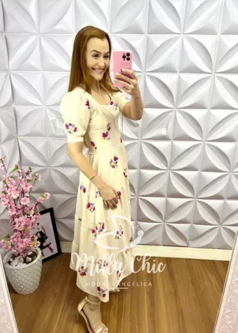 Vestido Bordado Longuete Sandra - Areia - Milla Chic