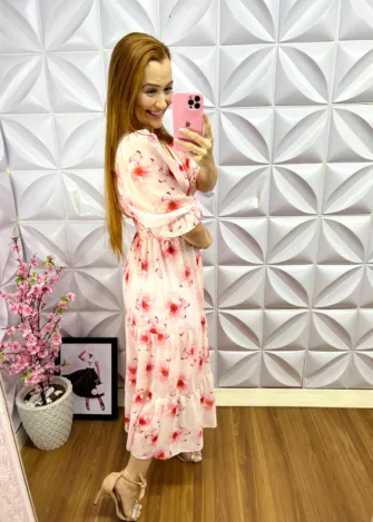 Vestido Chiffon Floral Longo Estela - Rosa - Milla Chic