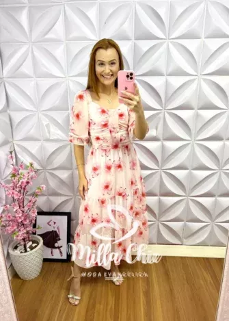 Vestido Chiffon Floral Longo Estela - Rosa - Milla Chic
