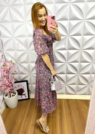 Vestido Chiffon Floral Longo Estela - Roxo - Milla Chic