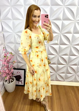 Vestido Chiffon Floral Longo Estela - Amarelo - Milla Chic