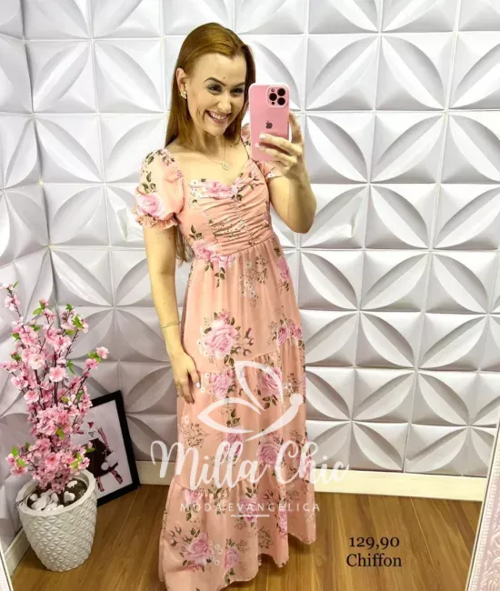 Vestido Chiffon Floral Longo Ester - Salmão - Milla Chic