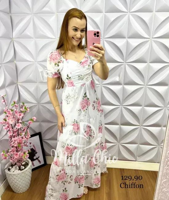 Vestido Chiffon Floral Longo Ester - Branco - Milla Chic