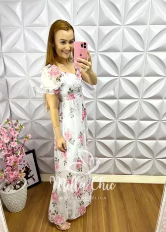 Vestido Chiffon Floral Longo Ester - Branco - Milla Chic