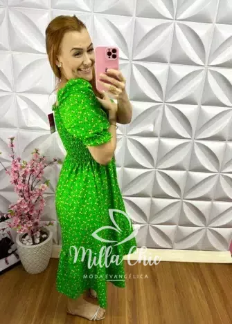 Vestido com Lastex e Manga Princesa Carla - Verde - Milla Chic