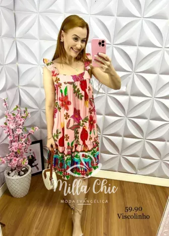 Vestido Curto Viscolinho Manga Babadinho Melissa - Rosa - Milla Chic