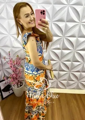 Vestido Longo Floral Faby - Laranja com Azul - Milla Chic