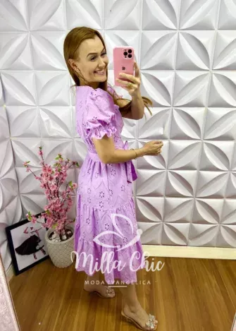 Vestido Laise de Algodão Mídi Luna - Lilás - Milla Chic