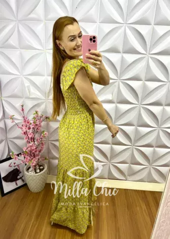 Vestido Longo Lastex Viscolinho Cilene - Amarelo - Milla Chic