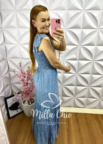 Vestido Longo Lastex Viscolinho Cilene - Azul - Milla Chic