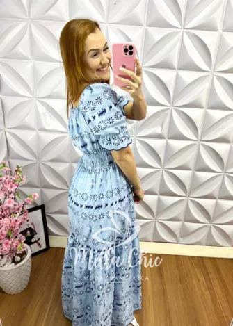 Vestido Longo Tricoline Bordado Deise - Azul - Milla Chic