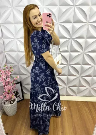 Vestido longo tricoline floral Amanda- Azul - Milla Chic