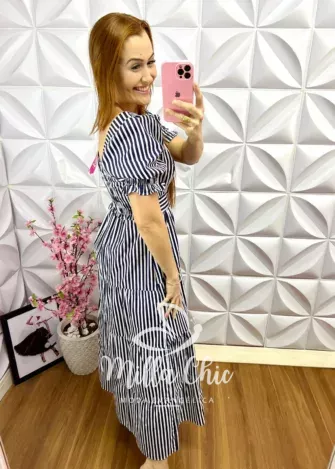 Vestido Longo Tricoline Listrado Amanda - Azul - Milla Chic