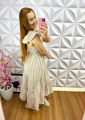 Vestido Longuete Listrado no Alfaiataria Luna - Branco - Milla Chic