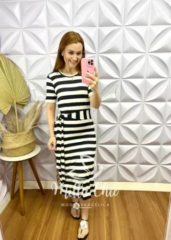 Vestido Malha Listrado Midi Franciele - Preto - Milla Chic