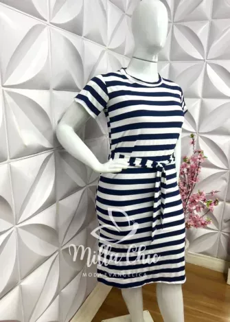 Vestido Malha Listrado Midi Pluss Fran - Azul marinho - Milla Chic