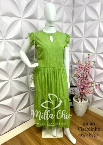 Vestido Mídi Viscolinho Poá Larissa - Verde - Milla Chic