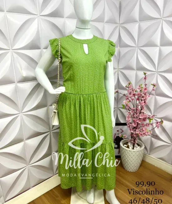 Vestido Mídi Viscolinho Poá Larissa - Verde - Milla Chic