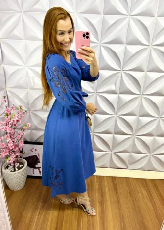 Vestido no Linhocel Bordado Richelieu Tália - Azul - Milla Chic