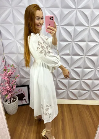 Vestido no Linhocel Bordado Richelieu Tália - Branco - Milla Chic
