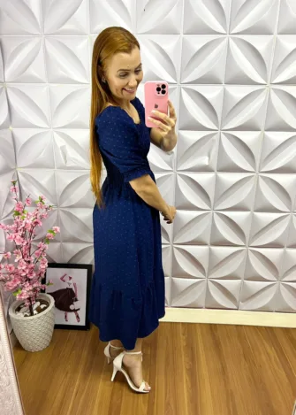 Vestido Pipoquinha com Lastex e Manga Princesa Cassiane - Azul - Milla Chic