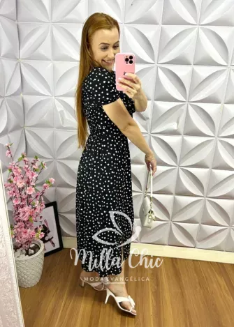 Vestido Poá Viscolinho Mídi Flaviana - Preto - Milla Chic