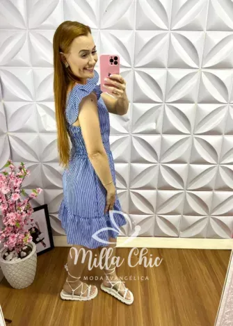 Vestido Tricoline Manga Babadinho Listrado Thalita - Azul Marinho - Milla Chic