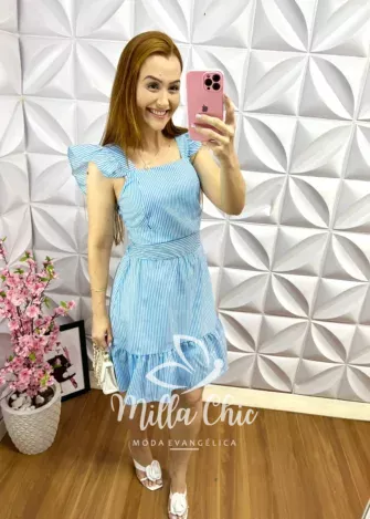 Vestido Tricoline Manga Babadinho Listrado Thalita - Azul - Milla Chic