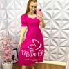 Vestido Tricoline Mídi Manga Princesa Priscila - Rosa - Milla Chic