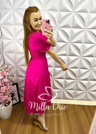 Vestido Tricoline Mídi Manga Princesa Priscila - Rosa - Milla Chic