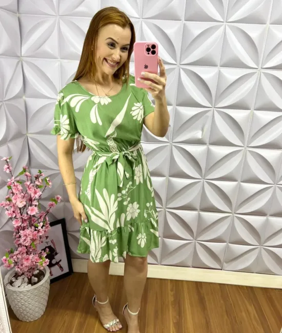 Vestido Viscolinho Floral com Cinto Faixa Stefani - Verde - Milla Chic