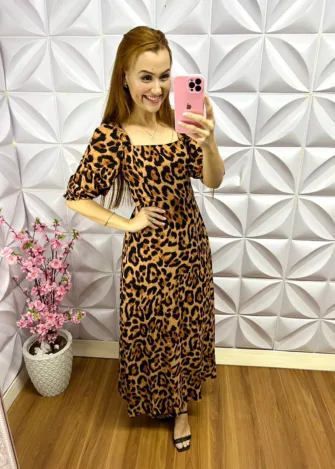 Vestido Viscolinho Estampado Raquele - Oncinha - Milla Chic