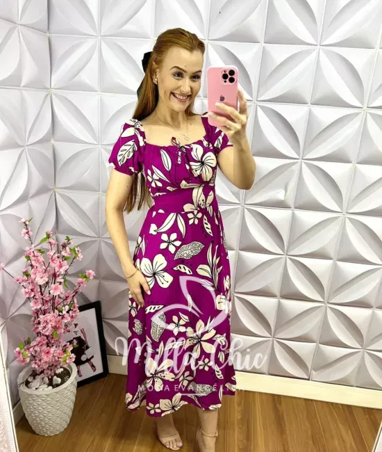 Vestido Viscolinho Estampado Elis - Roxo - Milla Chic