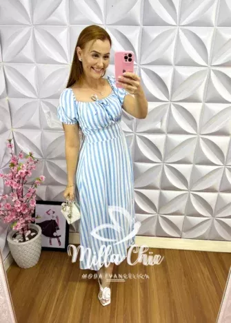 Vestido Viscolinho Listrado Elis - Azul - Milla Chic